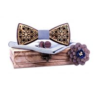 Set dreveného motýlika, vreckovky, manžetových gombíkov a brošne - Vyrezávaný kvet