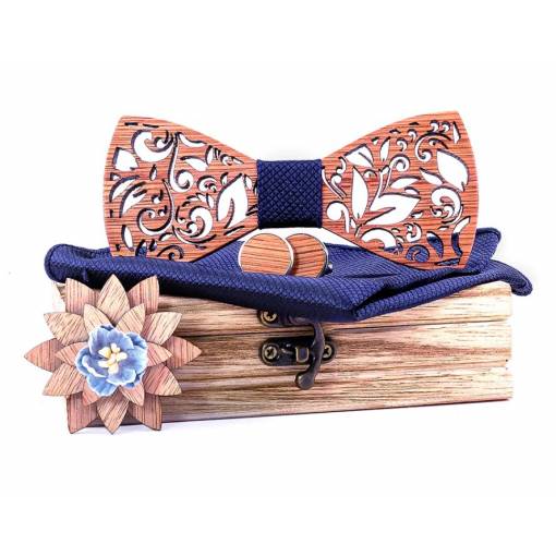 Foto - Set dreveného motýlika, vreckovky, manžetových gombíkov a brošne - Vyrezávané listy, modrý