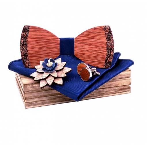 Foto - Set dreveného motýlika, manžetových gombíkov, vreckovky a brošne - S decentným ozdobným okrajom