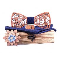 Set dreveného motýlika, vreckovky, manžetových gombíkov a brošne - Vyrezávané listy, modrý