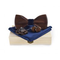 Set dreveného motýlika, manžetových gombíkov, brošne a vreckovky - Tmavý, 3D s tmavomodrým stredom