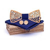 Set dreveného motýlika, manžetových gombíkov a vreckovky - Tmavo modrý stred