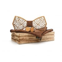 Set dreveného motýlika, manžetových gombíkov a vreckovky - Svetlo hnedý