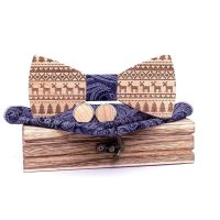 Set dreveného motýlika, manžetových gombíkov a vreckovky - Vianočný, Modro biely