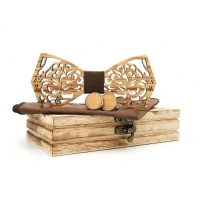 Set dreveného motýlika, vreckovky a manžetových gombíkov - Kvetinový, hnedý