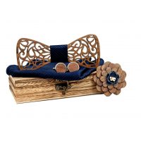 Set dreveného motýlika, vreckovky, brošne a manžetových gombíkov - Vyrezávané listy, modrý