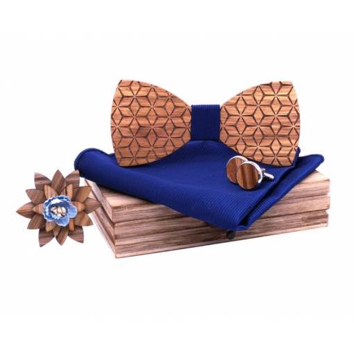 Foto - Set dreveného motýlika, vreckovky a manžetových gombíkov - Trojrozmerný, modrý
