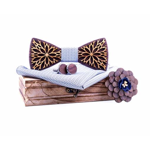 Foto - Set dreveného motýlika, manžetových gombíkov, vreckovky a brošne - Vyrezávaná hviezda