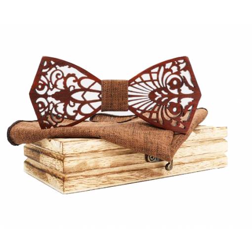 Foto - Set dreveného motýlika a vreckovky - Zdobený, hnedý
