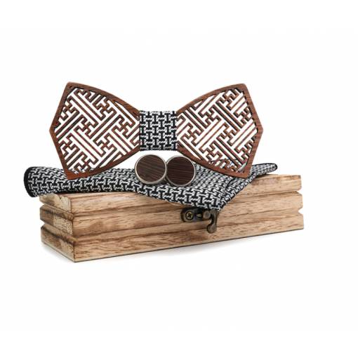 Foto - Set dreveného motýlika, manžetových gombíkov a vreckovky - Vyrezávaná labyrint, tmavo čierno strieborný