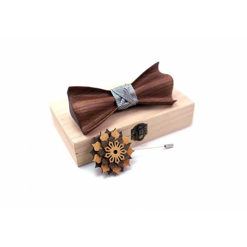 Foto - Set dreveného motýlika a brošne - Luxusný 3D, strieborný