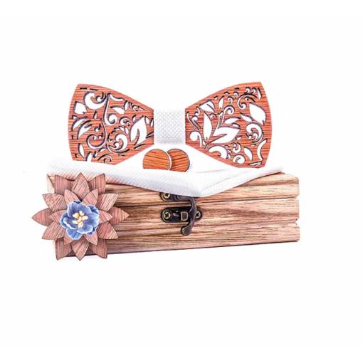 Foto - Set dreveného motýlika, vreckovky, manžetových gombíkov a brošne - Vyrezávané listy, biely