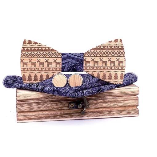 Foto - Set dreveného motýlika, manžetových gombíkov a vreckovky - Kvetinový tmavý ornament