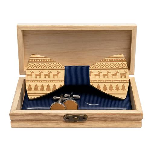 Foto - Set dreveného motýlika, manžetových gombíkov a vreckovky - Kvetinový tmavý ornament