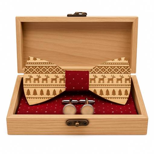 Foto - Set dreveného motýlika, manžetových gombíkov a vreckovky - Kvetinový tmavý ornament