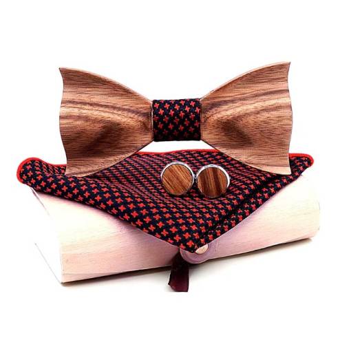 Foto - Set dreveného motýlika, manžetových gombíkov a vreckovky - 3D s červenými bodkami