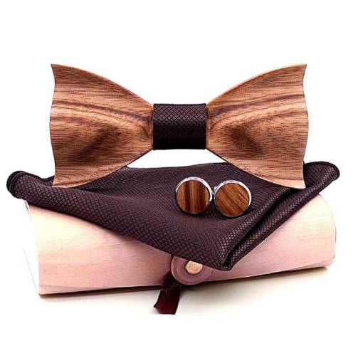 Foto - Set dreveného motýlika, manžetových gombíkov a vreckovky - 3D s hnedým stredom