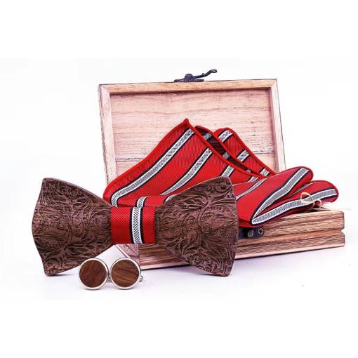Foto - Set dreveného motýlika, manžetových gombíkov a vreckovky - 3D s prúžkom