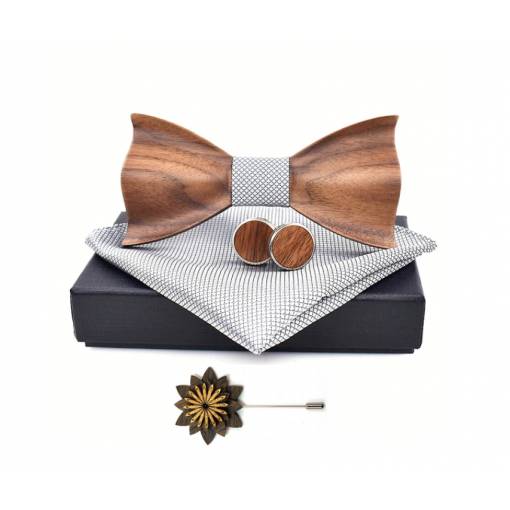 Foto - Set dreveného motýlika, vreckovky, manžetových gombíkov a brošne - Luxusný, strieborný