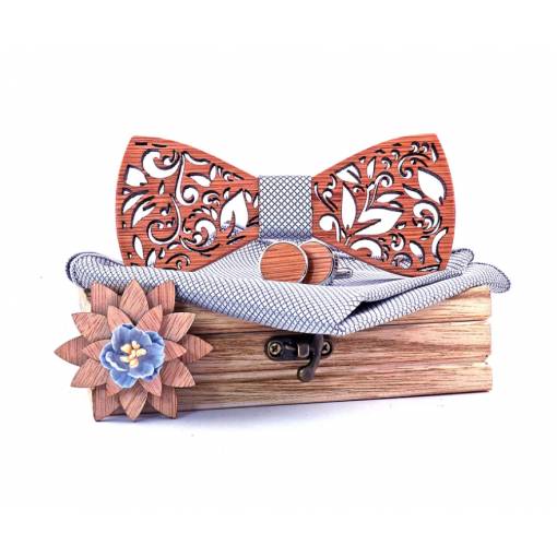 Foto - Set dreveného motýlika, vreckovky, brošne a manžetových gombíkov - Vyrezávané listy, strieborný