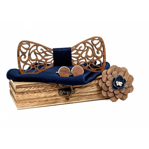Foto - Set dreveného motýlika, vreckovky, brošne a manžetových gombíkov - Vyrezávané listy, modrý