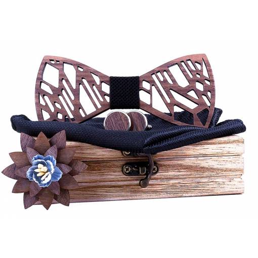Foto - Set dreveného motýlika, vreckovky, manžetových gombíkov a brošne - Vyrezávaný, asymetrický